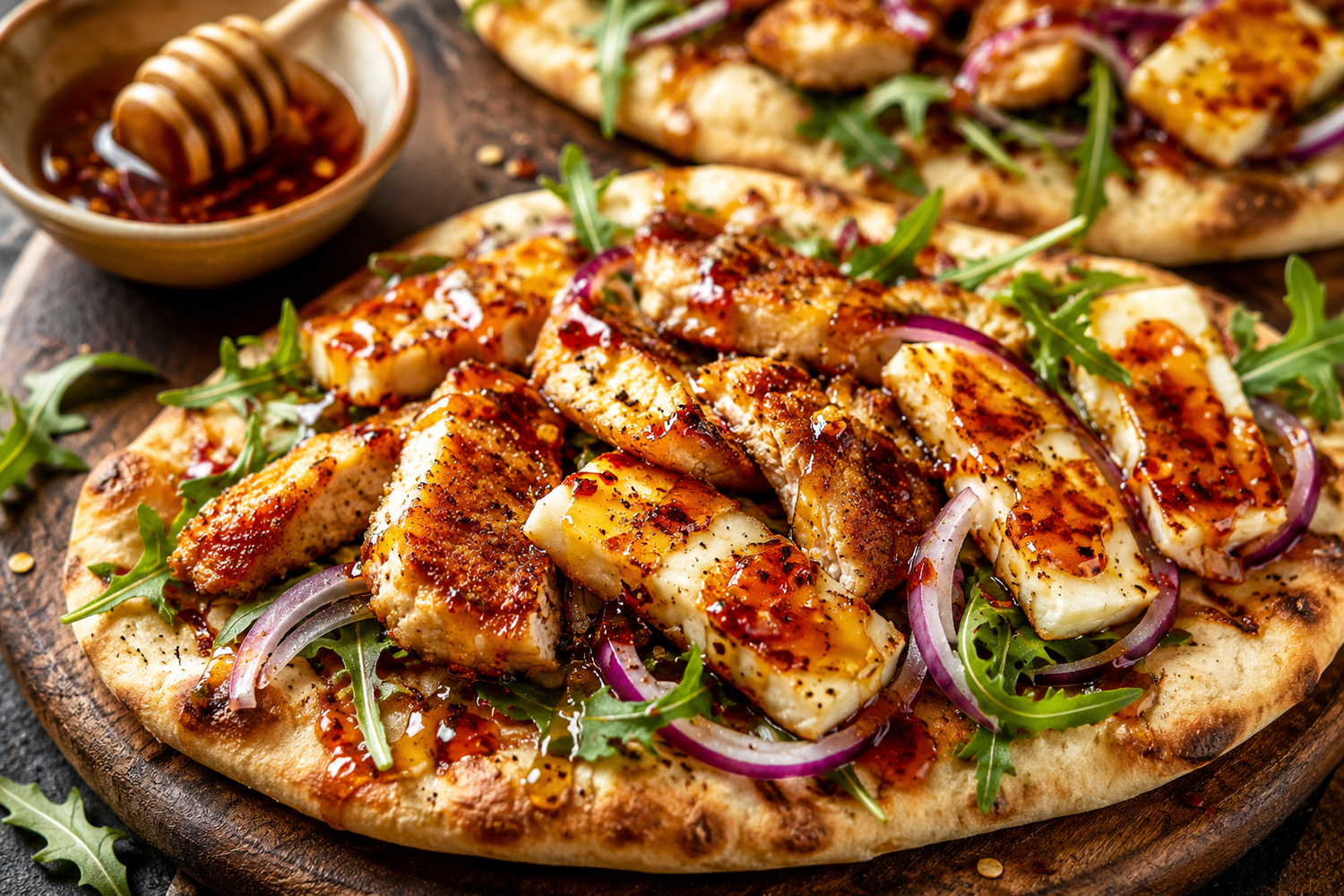 Hot Honey Halloumi & Crispy Chicken Flatbreads