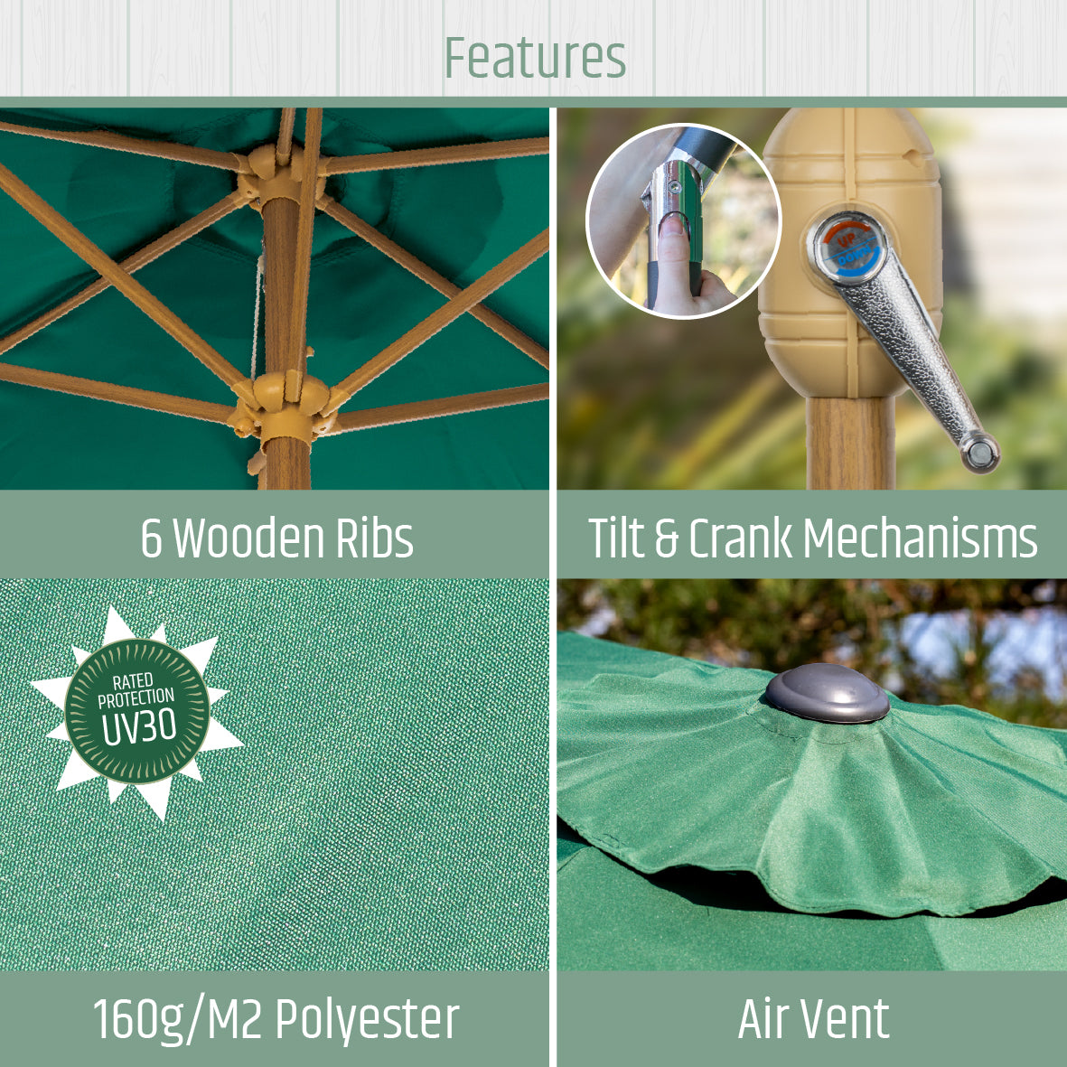 2.7m Tilting Garden Parasol Umbrella – Dark Green with Wooden Pole – UV Resistant Outdoor Shade