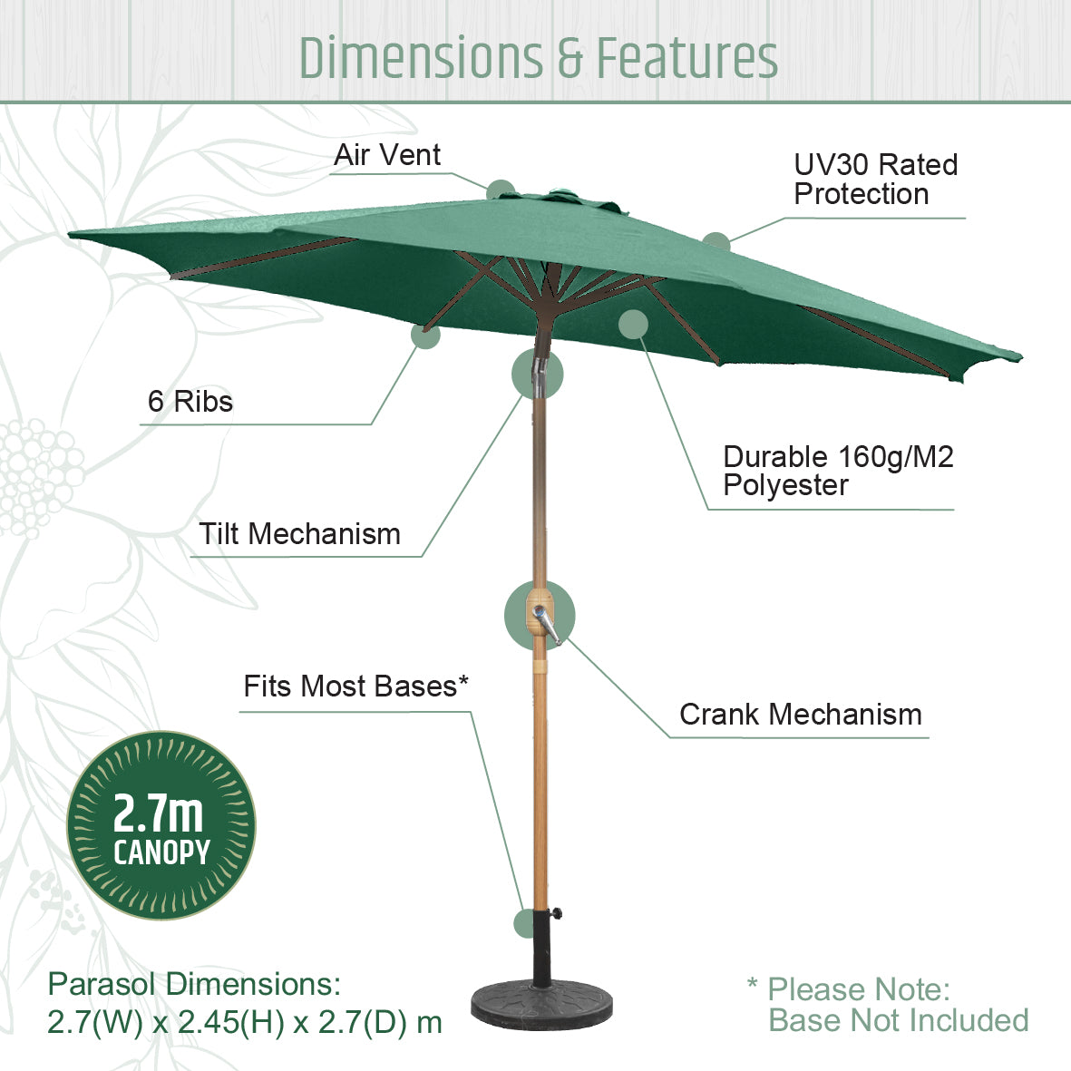 2.7m Tilting Garden Parasol Umbrella – Dark Green with Wooden Pole – UV Resistant Outdoor Shade