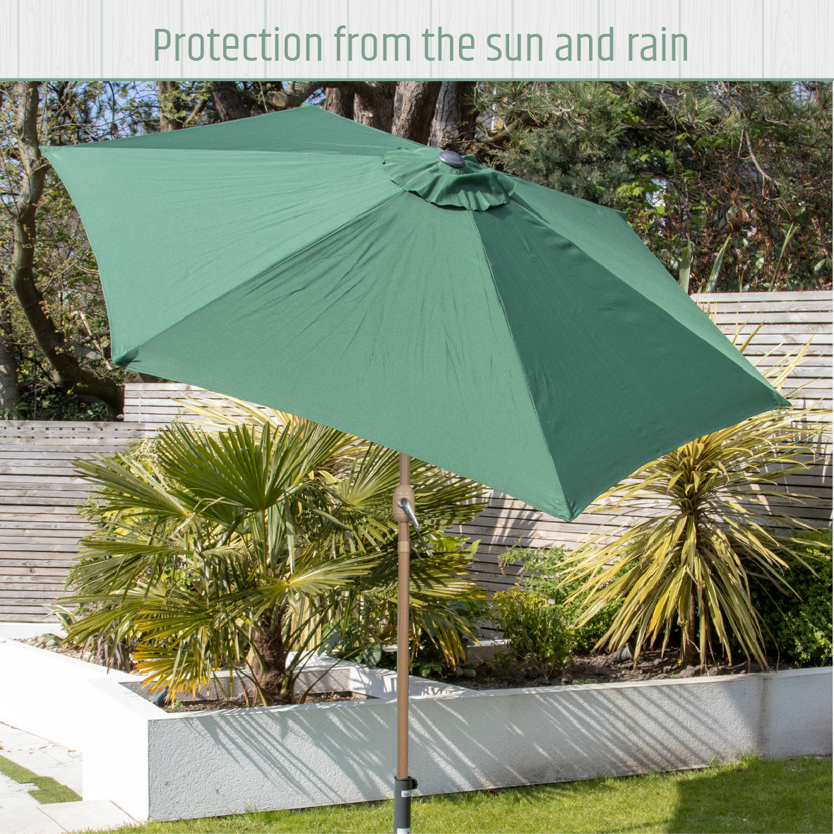 2.7m Tilting Garden Parasol Umbrella – Dark Green with Wooden Pole – UV Resistant Outdoor Shade