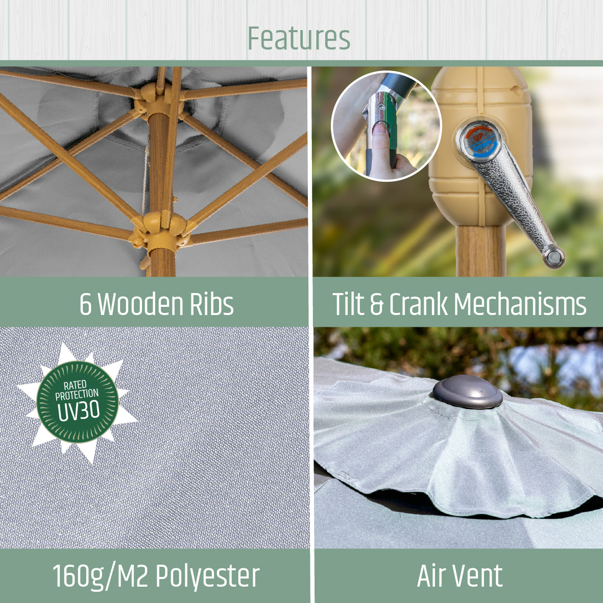 2.7m Tilting Garden Parasol Umbrella – Grey with Wooden Pole – UV Resistant Outdoor Shade