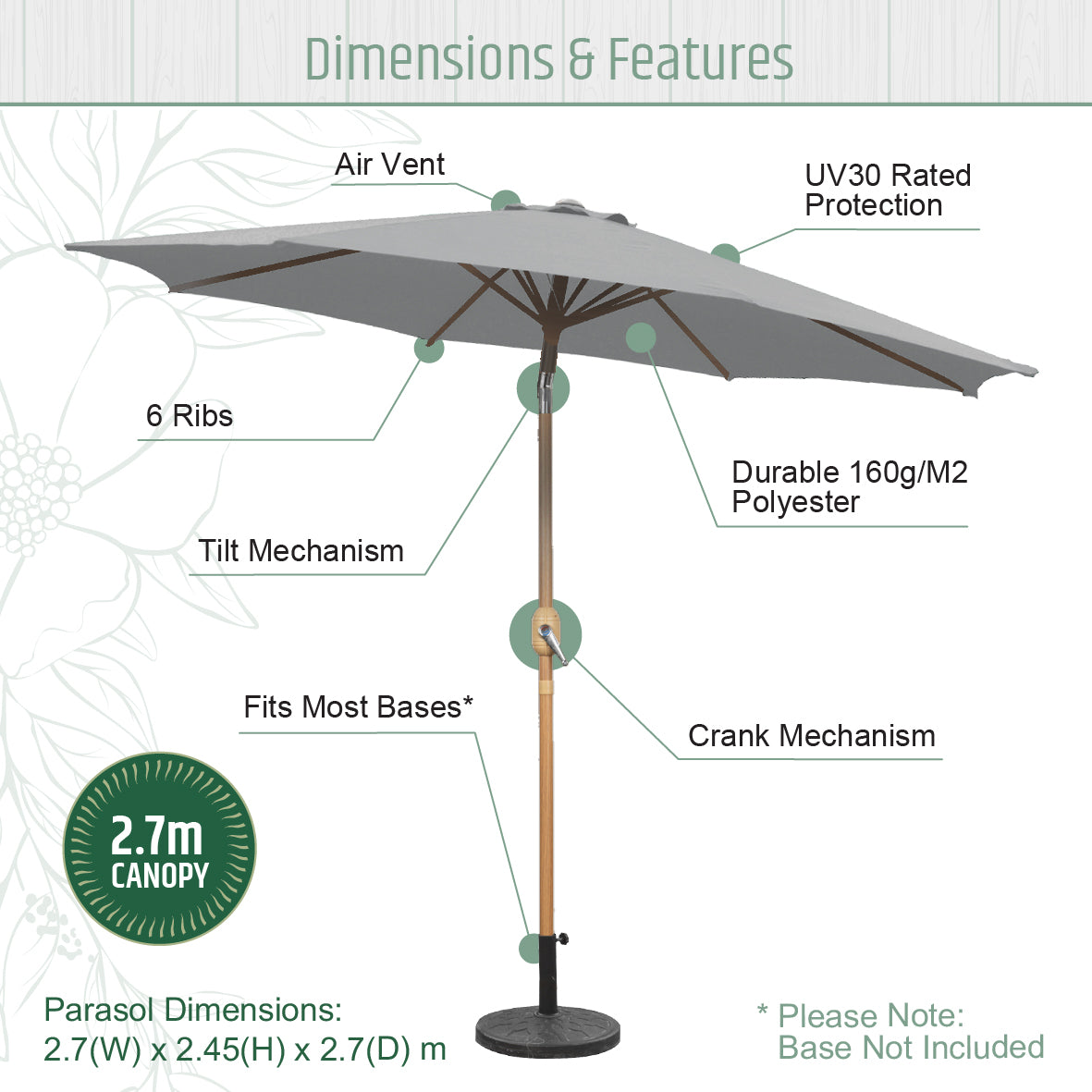 2.7m Tilting Garden Parasol Umbrella – Grey with Wooden Pole – UV Resistant Outdoor Shade