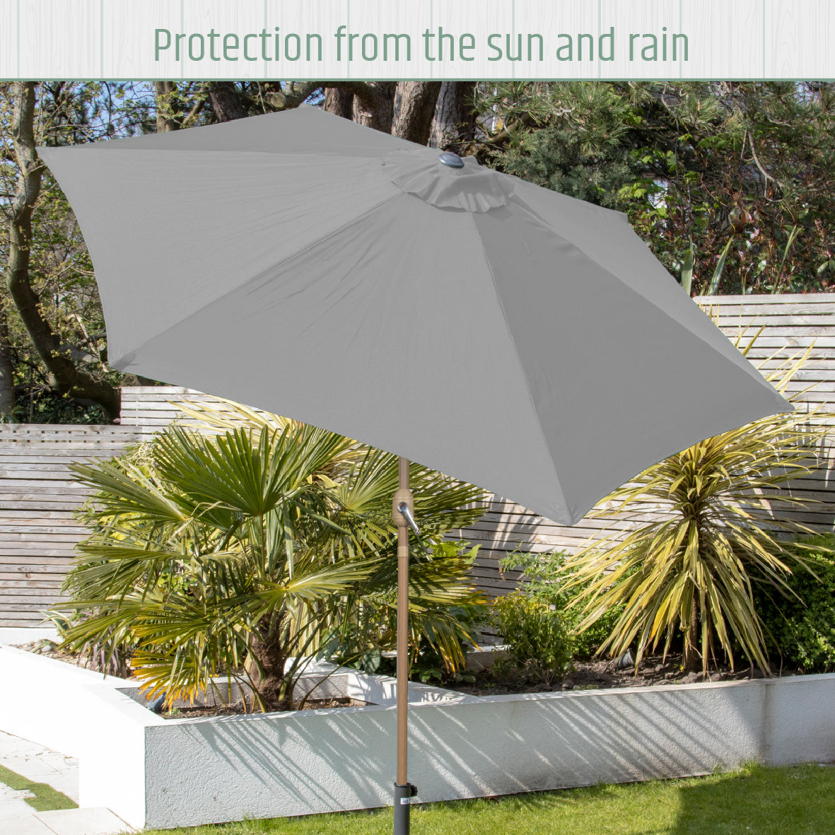 2.7m Tilting Garden Parasol Umbrella – Grey with Wooden Pole – UV Resistant Outdoor Shade