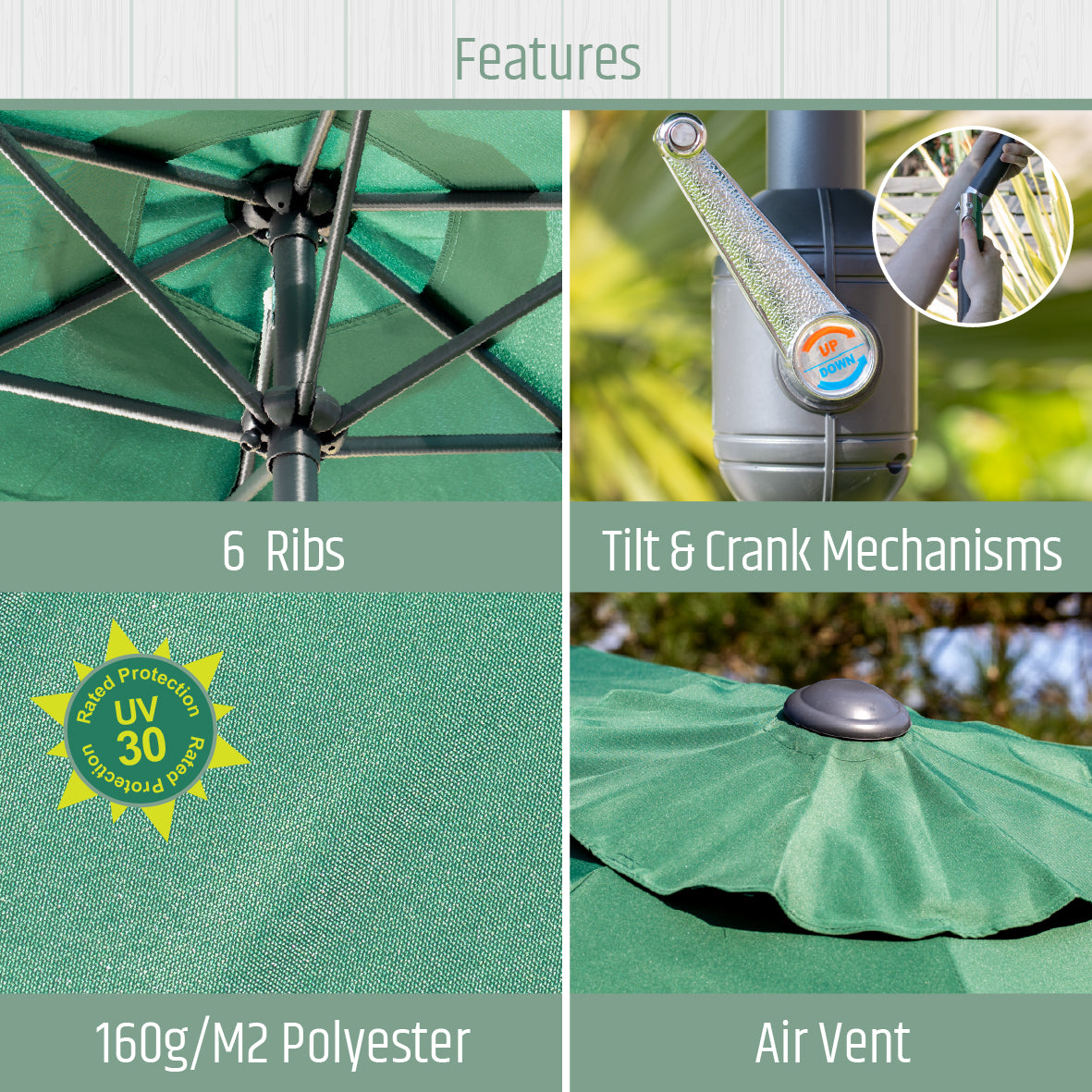 2.7m Tilting Garden Parasol Umbrella – Dark Green with Grey Pole – UV Resistant Outdoor Shade