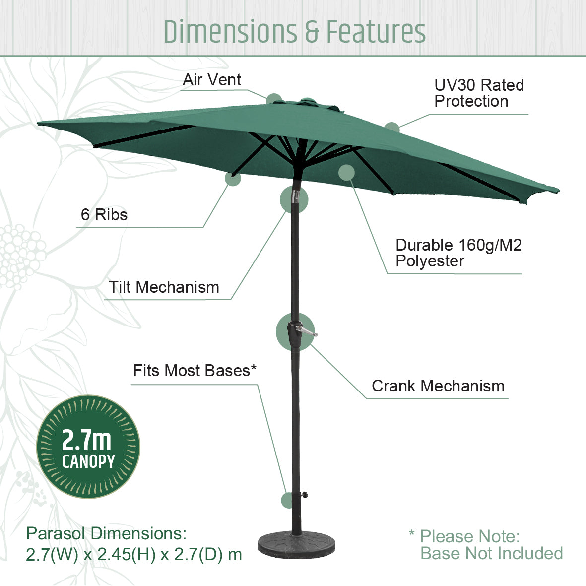 2.7m Tilting Garden Parasol Umbrella – Dark Green with Grey Pole – UV Resistant Outdoor Shade