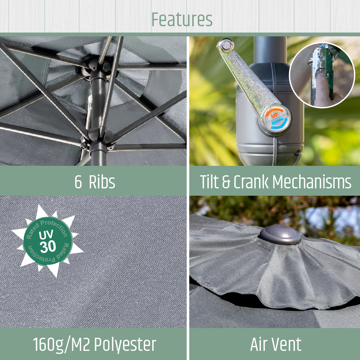 2.7m Tilting Garden Parasol Umbrella – Charcoal with Grey Pole – UV Resistant Outdoor Shade
