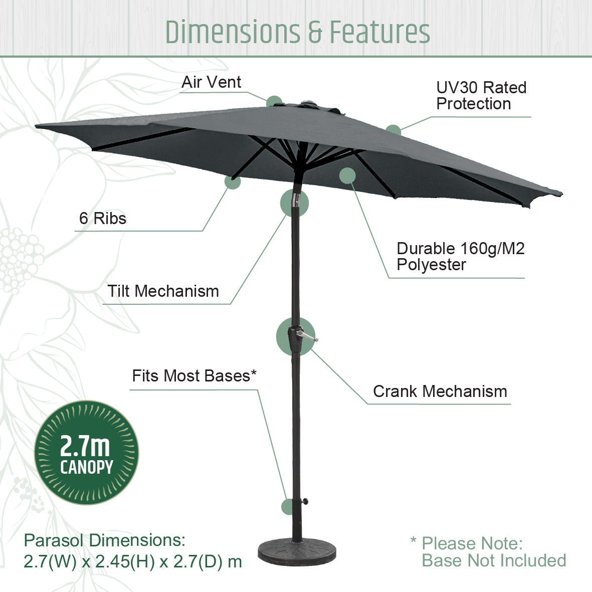 2.7m Tilting Garden Parasol Umbrella – Charcoal with Grey Pole – UV Resistant Outdoor Shade