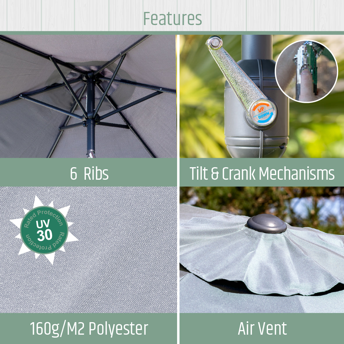 2.7m Tilting Garden Parasol Umbrella – Grey with Grey Pole – UV Resistant Outdoor Shade