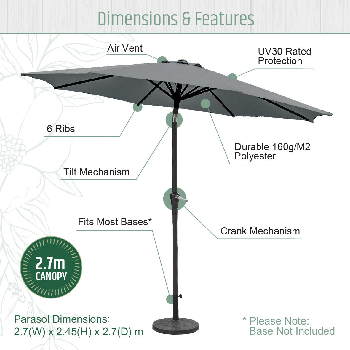 2.7m Tilting Garden Parasol Umbrella – Grey with Grey Pole – UV Resistant Outdoor Shade
