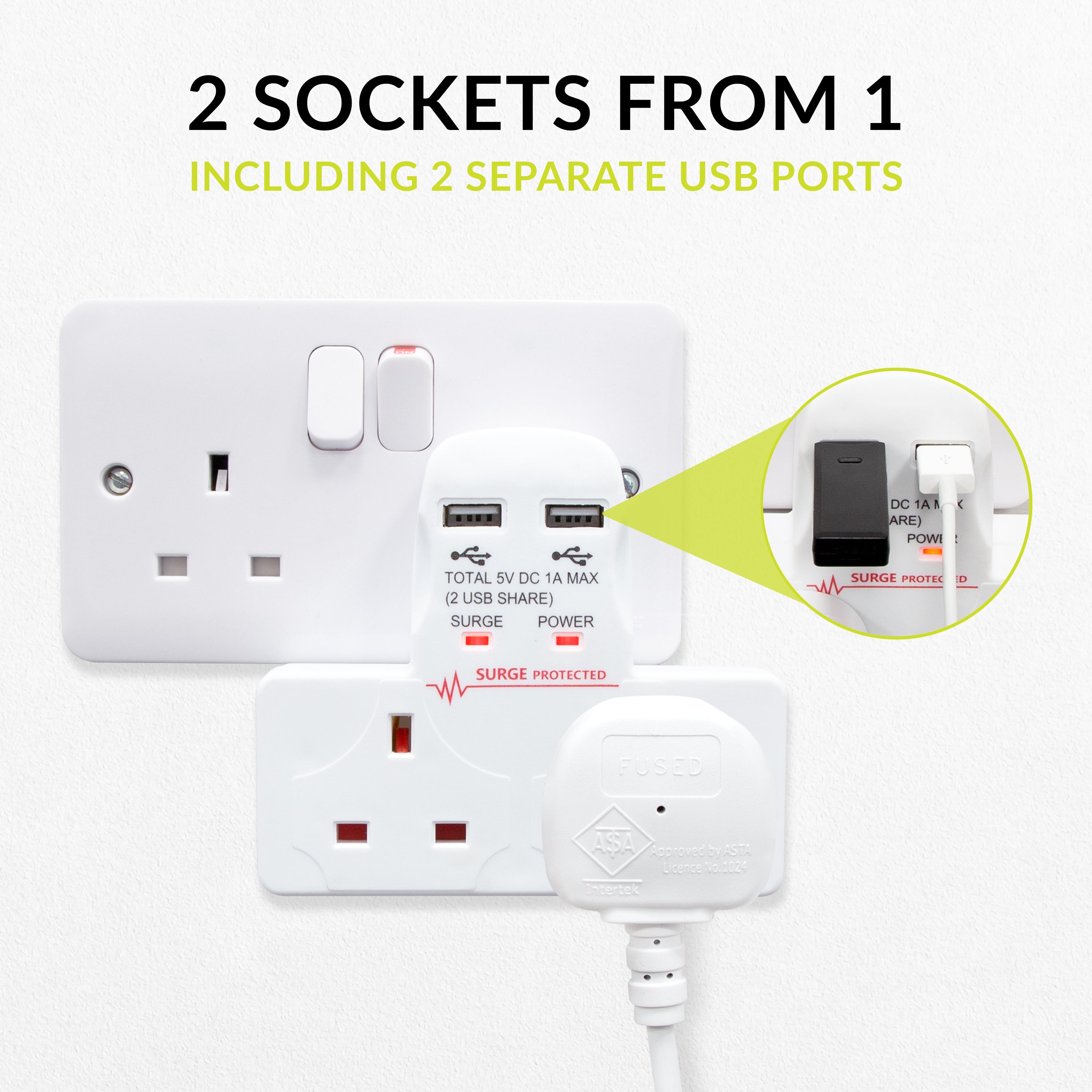 2-Way Wall Adaptor with 2 USB Ports