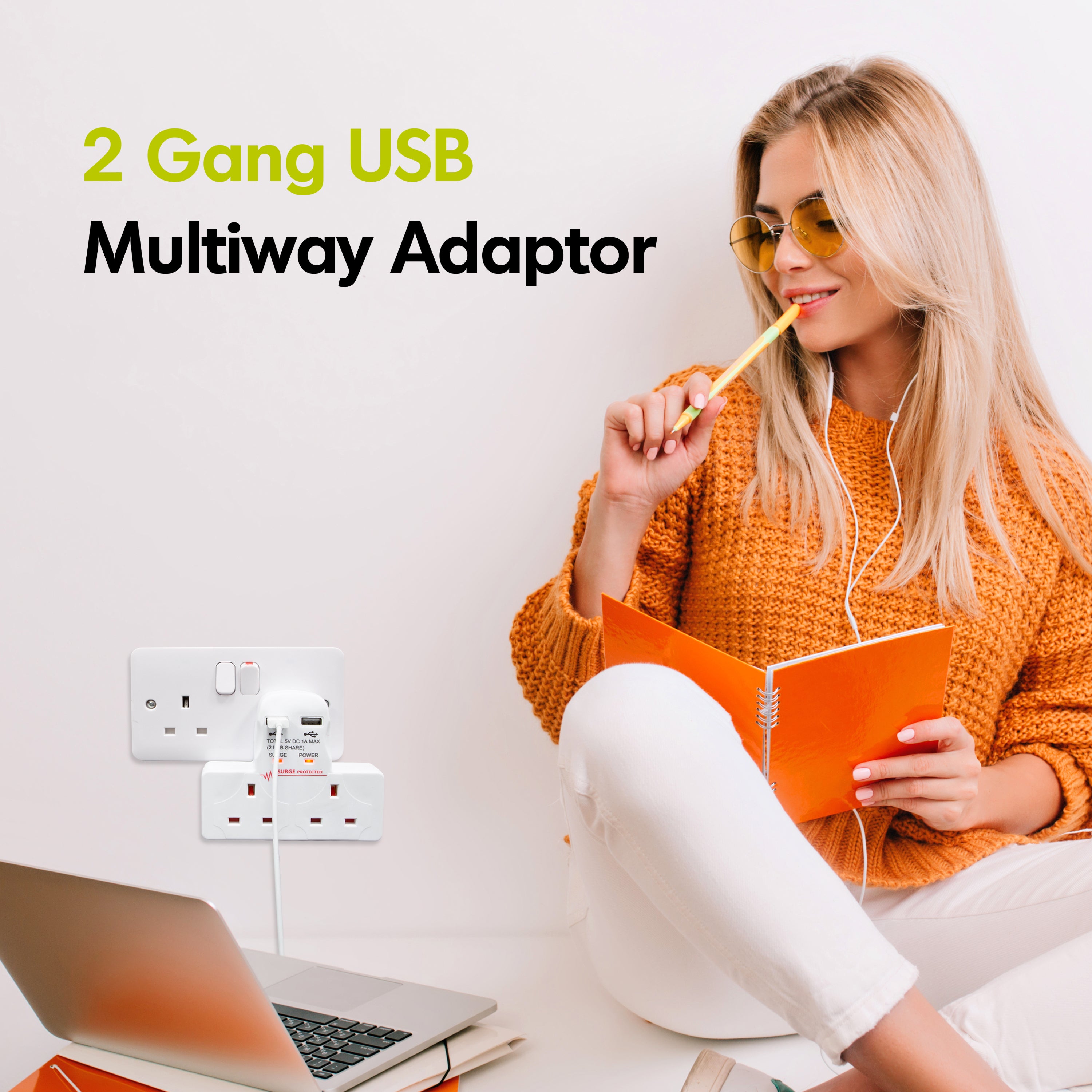 2-Way Wall Adaptor with 2 USB Ports