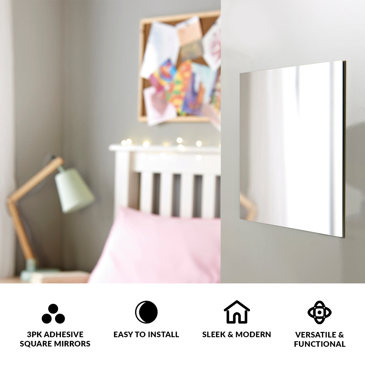 3pk Square Adhesive Mirrors - 15cm