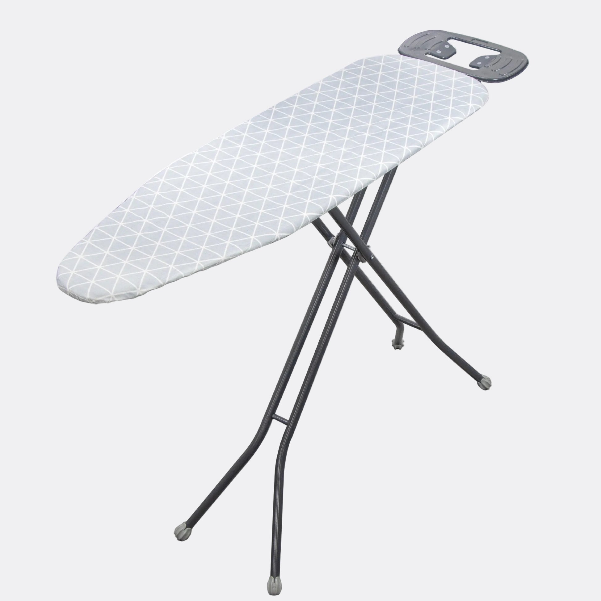 Ironing board with a white surface and gray metal frame on a white background