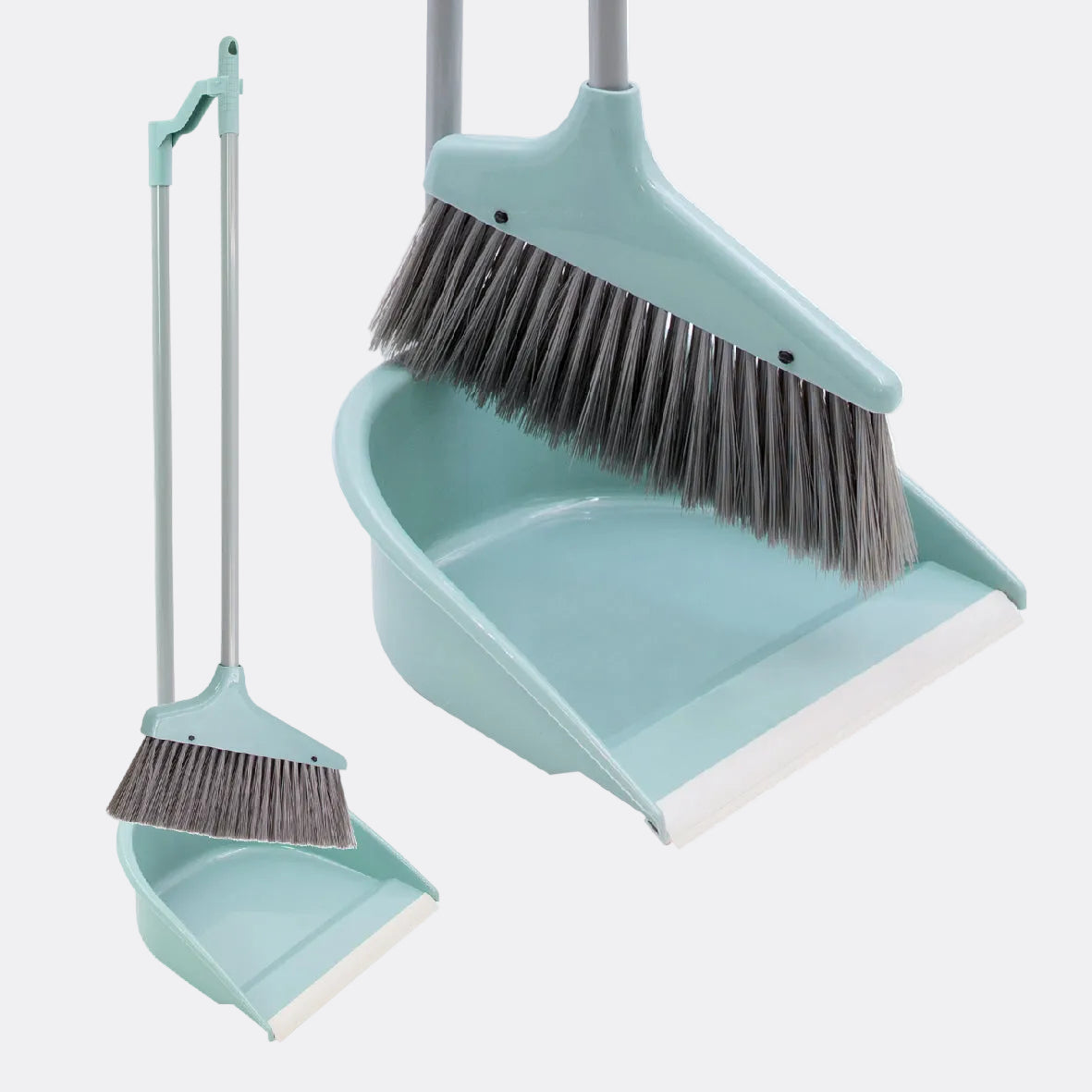 Light blue broom and dustpan set on a white background