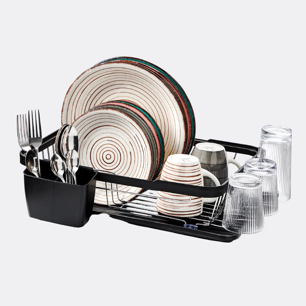 Dish rack with plates, cups, and utensils on a white background