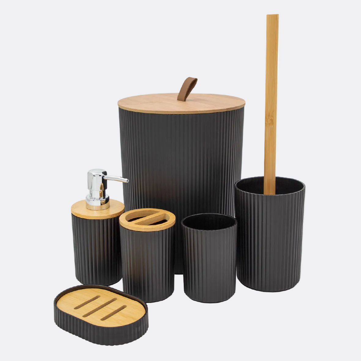 Bathroom accessory set with black and wooden items on a white background