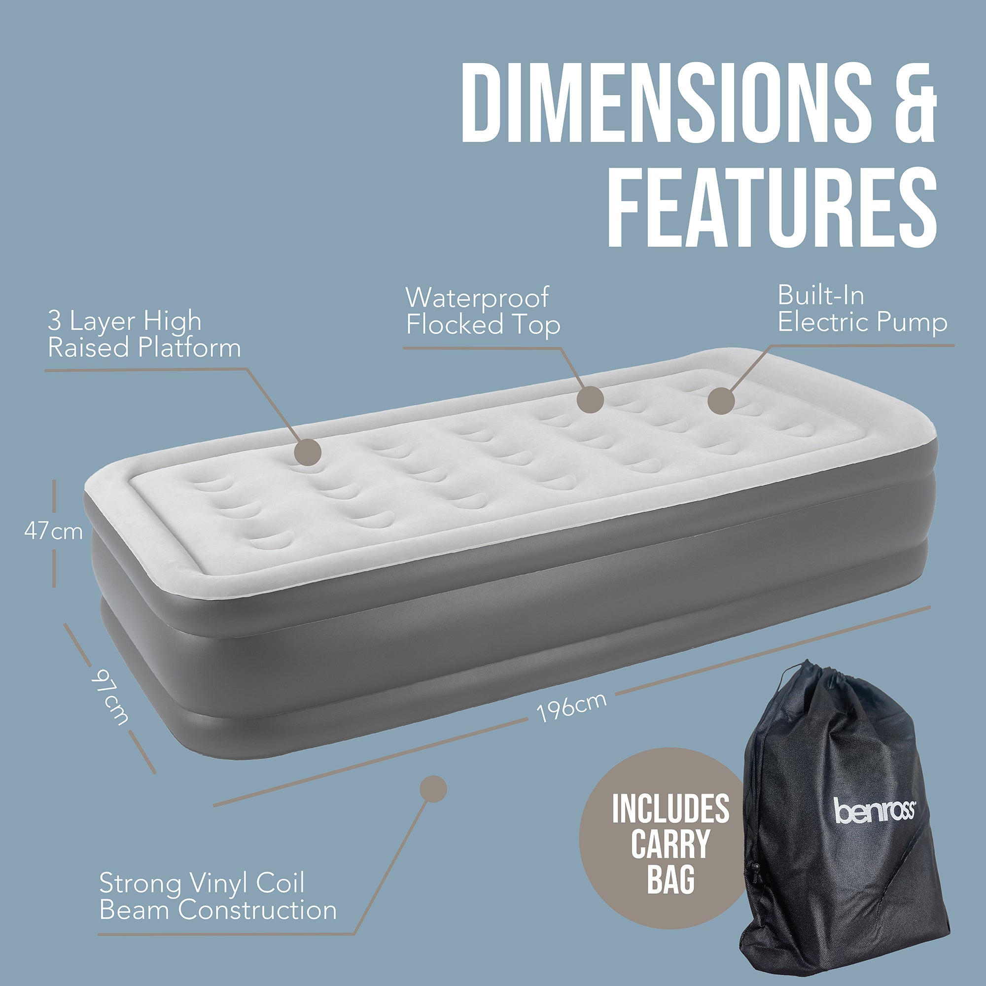 High Raised Single Air Bed with Built in Pump