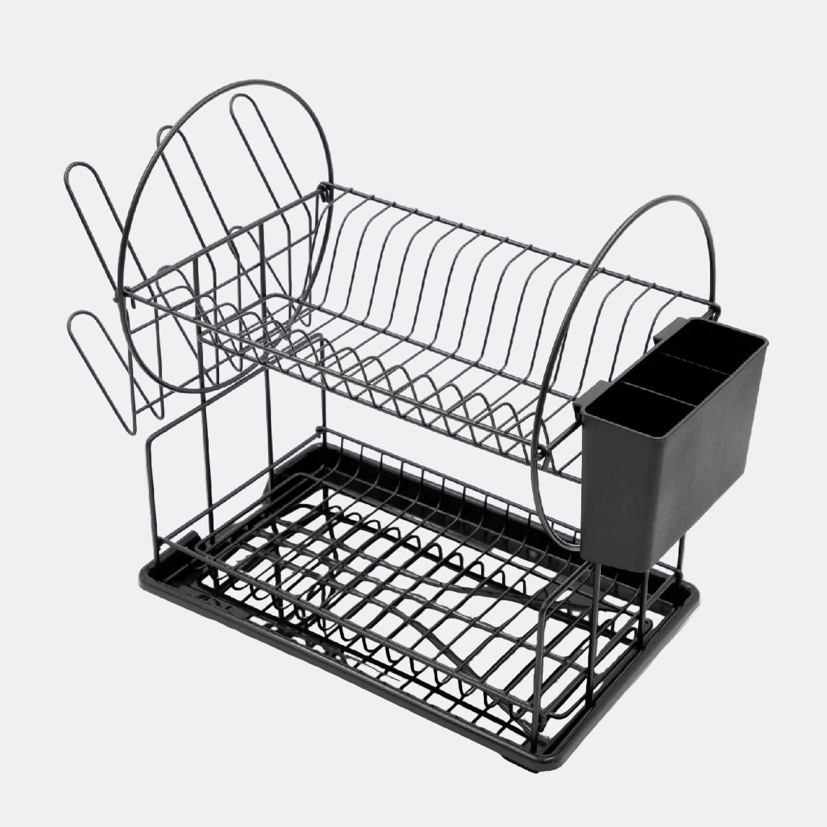 Black dish rack with drying rack and utensil holder on a white background