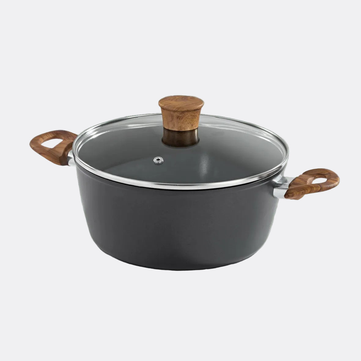 Black cookware pot with wooden handles and lid on a light grey background