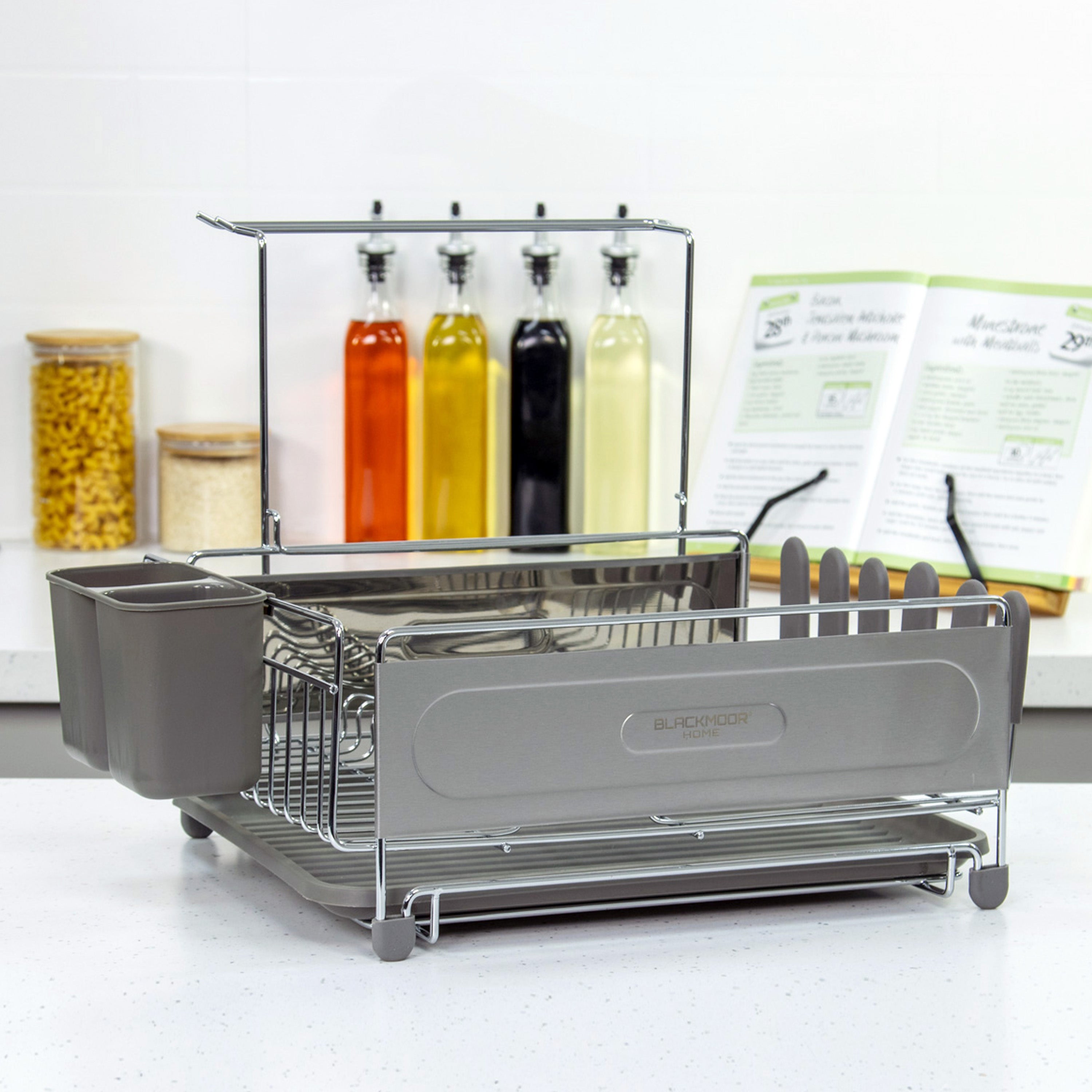 Stainless Steel Dish Drainer with Grey Cutlery Holder & Drip Tray